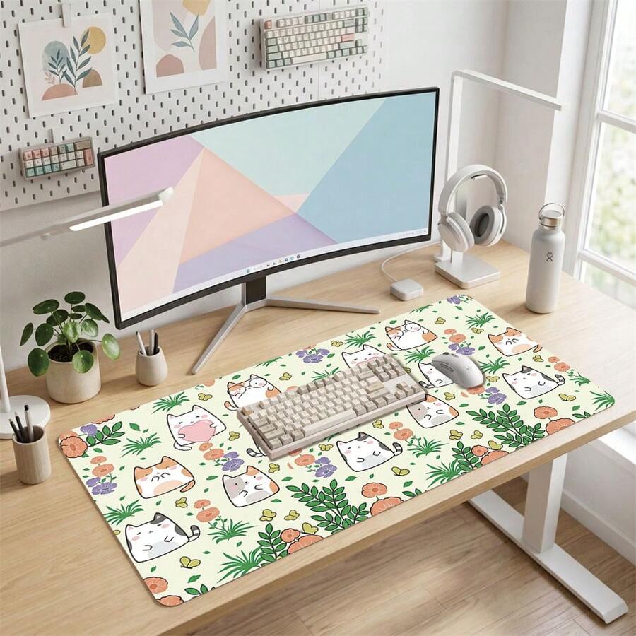 Cartoon Cat And Floral Pattern Gaming Mouse Pad, Non-Slip Rubber Desk Mat, Smooth Sliding Surface, Suitable For Computer Laptop Office Home, Cute Abstract Art Decor, Back To School Supplies - A - View 1