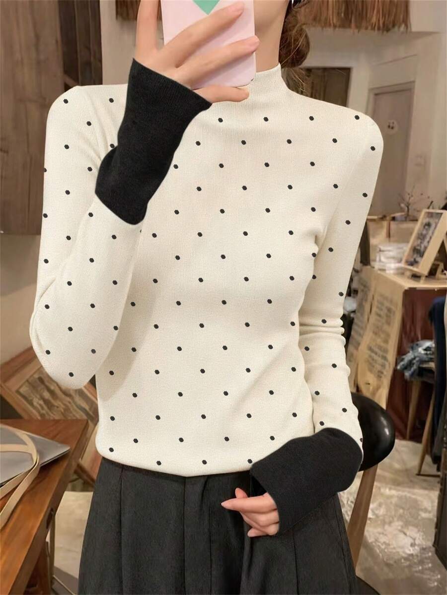 女款基礎色塊極簡薄款高領套頭毛衣,秋冬日常通勤辦公長袖上衣 - 杏色波點 - 查看 1