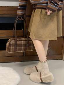 Women's Round Toe Fuzzy Flat Shoes, Adjustable Brown Buckle Strap Solid Color Casual Everyday Shoes - Beige - View 5