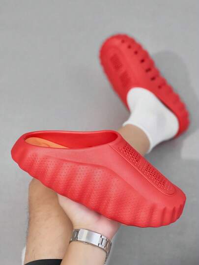 Unisex Red Orange Two Tone Massage Cloud Slides, Hollow Drainage Hole Quick Dry EVA Non Slip Acupoint Massage Slippers For Bathroom