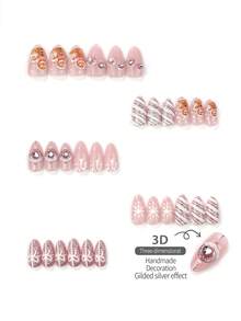 10Pcs Almond Press On Nails, Pink Base With Gingerbread Man, Snowflake, Bow & Rhinestone Decor, Christmas Winter Holiday False Nails , Removable Reusable Full Cover Nail Tips For Party Daily Wear, Festive Manicure For Women And Girls - Multicolor - View 4