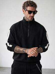 Men's Patchwork Loose Drop Shoulder Zip-Up Collar Sweatshirt - Black - View 1