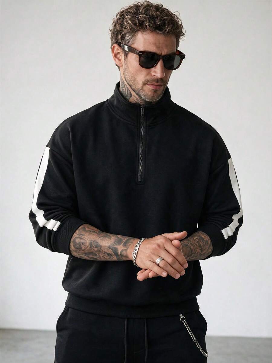 Men's Patchwork Loose Drop Shoulder Zip-Up Collar Sweatshirt - Black - View 1
