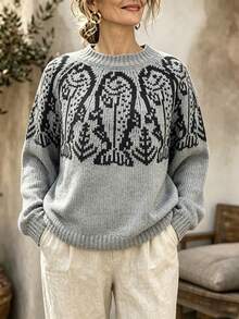Women's Fashion Loose Casual Comfortable Fish Scale Pattern Colorblock Sweater - Grey - View 11