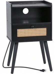 Mesa auxiliar con estación de carga, mesita de noche negra, mesa auxiliar con cajón de ratán y almacenamiento, mesa auxiliar pequeña para recámara, sala de estar, Mesa de Lado Decorativa, Mesa de Noche de Ratán para Dormitorio y Salón - Negro - Ver 5