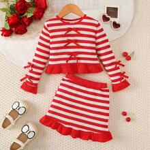 Setelan 2 Potong Rajut Bergaris Merah & Putih untuk Anak Perempuan, Atasan Crop Top & Rok Mini Manis untuk Musim Semi/Gugur, Atasan Lengan Panjang Leher Bulat dengan Banyak Pita Merah dan Hem Bergelombang, Rok Mini Bodycon Pinggang Tinggi dengan Hem Bergelombang Bergaris yang Serasi, Kain Bergaris Elastis, Lembut & Ramah Kulit, Menarik Perhatian untuk Liburan, Jalan-jalan, dan Foto, Gaya Manis & Menarik untuk Pakaian Sehari-hari untuk Anak Perempuan Usia 4-7 Tahun - Merah - View 12