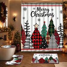 1/4pcs Christmas Tree Pattern Shower Curtain Set, Merry Christmas Buffalo Plaid Farmhouse Style Shower Curtain, Waterproof Fabric Winter Bathroom Shower Curtain, 70.8*70.8 Inches - A - View 14