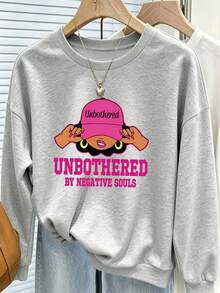 大尺碼女款圓領運動衫 Y2K 風格 Unbothered 勵志標語圖案印花，秋冬日常街頭風運動衫 - 灰色 - 查看 6
