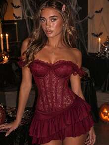 Apperloth A Women's Elegant Mesh Corset Top With Boning Support, Off-Shoulder Semi-Sheer Lace Floral Ruffle Bustier Camisole, 2-Way Wear Shaping Lingerie, Rave Party Halloween Costume - Burgundy - View 3