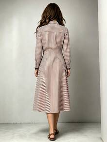 (No Belt) Women's Spring/Autumn Brown & White Vertical Striped Shirt Dress, Lapel Long Sleeve Cinched Waist Slit Midi Dress, French Commuter Elegant Style, Suitable For Office, Urban Street Photography, Dating, Light Business Gatherings - Brown - View 3