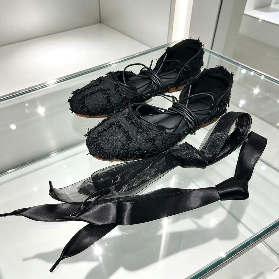 Black French Hollow Flat Women's Shoes With Replaceable Straps, Fashionable Versatile Soft Sole Comfortable