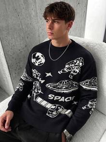 青少年男孩太空元素圖案拼色毛衣，秋冬時尚休閒款，柔軟寬鬆圓領針織套頭衫 - 黑色 - 查看 7