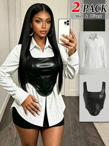 RNU Women's Casual Striped Shirt & PU Vest Contrast Color Design Versatile 2 Pieces Set, Autumn/Winter New Fashion Outfit - Black and White - View 3