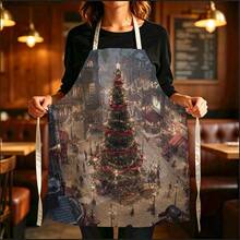 1pc Christmas Vintage Christmas Town Print Apron - Sleeveless Design, Durable And Comfortable Fit, Featuring Giant Christmas Tree In Square, Red Ribbon Lights And Snowy Old Street Architecture Pattern, Suitable For Cooking, Baking And Home Cleaning, Household Cleaning, Housework Apron, Hand-Painted Holiday Gardening Apron, Fun Christmas Holiday Gift - Multicolor - View 5