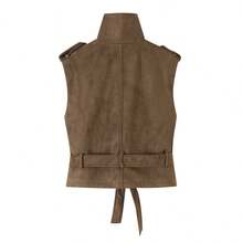 Women's Fashion Stand Collar Double-Breasted Tie Sleeveless Vest, Vintage Shoulder Patch Short Vest, Suitable For Autumn - Brown - View 9