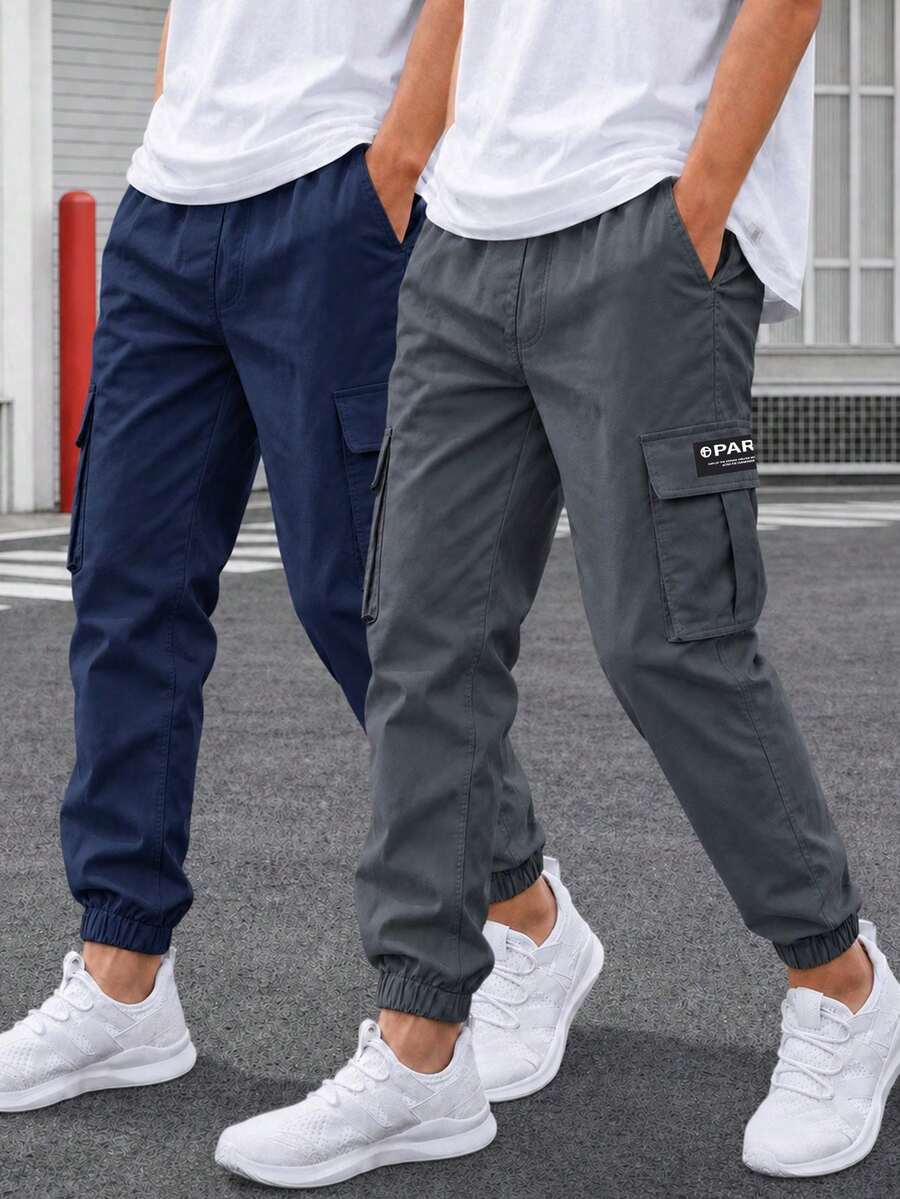 2件裝青少年男孩休閒運動戶外口袋英文圖案印花工裝長褲 春秋款 - 彩色 - 查看 1