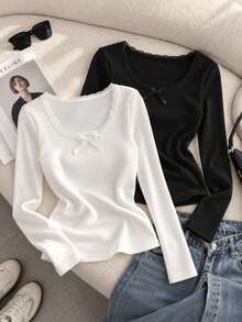 2pcs/Pack Women's Ribbed Knit Long Sleeve Tops, Slim Fit Crew Neck Shirts With Lace Trim And Bow Detail, Black & White Basic T-Shirts - Multicolor - View 2