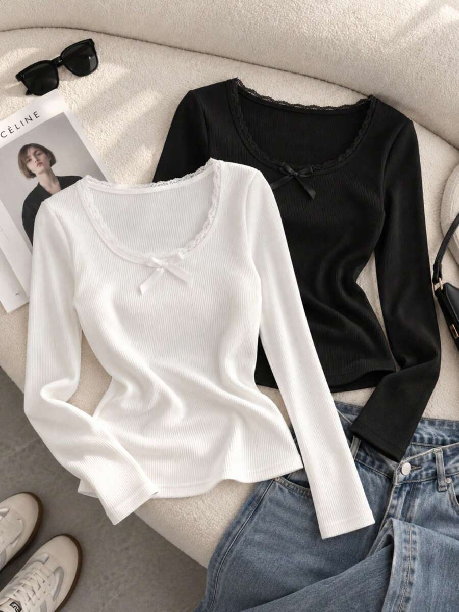 2pcs/Pack Women's Ribbed Knit Long Sleeve Tops, Slim Fit Crew Neck Shirts With Lace Trim And Bow Detail, Black & White Basic T-Shirts