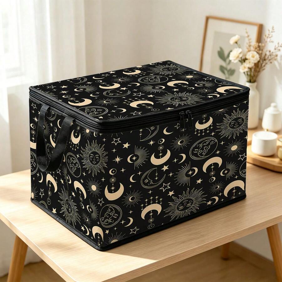1pc 2DFat. Thickened Foldable Zipper Storage Box, Black Gold Sun Moon Star Print Design, Can Store Clothes, Bedding, Nail Tools, Holiday Items, Suitable For Under Bed, Book Organization, Car Trunk Storage, Cosmetics, Hair Styling Tools, Office, Home Organization, Blankets, Daily Small Items Large Capacity Storage, Wardrobe Placement And Moving Packing, Zipper Closure Secure Reinforced Handle Durable - Multi-color - View 1
