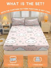 2/3 PCS Set Sprei Fitted Motif Awan Tersenyum Merah Muda, Lembut dan Bernapas, Cocok untuk Semua Musim, Ukuran Twin/Full/Queen, 100% Poliester, Dapat Dicuci dengan Mesin - MultiWarna - View 1