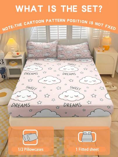 2/3PCS Pink Smiling Cloud Fitted Sheet Set Soft Breathable Bedding For All Seasons Twin/Full/Queen 100% Polyester Machine Washable