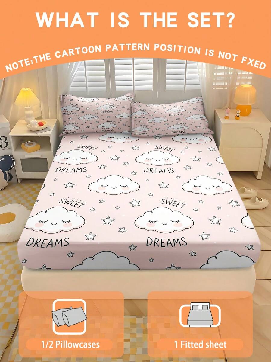 2/3 PCS Set Sprei Fitted Motif Awan Tersenyum Merah Muda, Lembut dan Bernapas, Cocok untuk Semua Musim, Ukuran Twin/Full/Queen, 100% Poliester, Dapat Dicuci dengan Mesin - MultiWarna - View 1