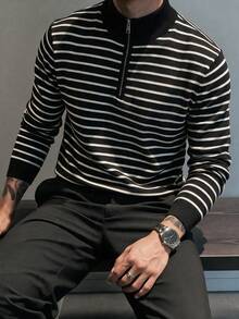 男士條紋半拉鍊立領針織毛衣，復古休閒修身套頭衫 - 黑色 - 查看 1