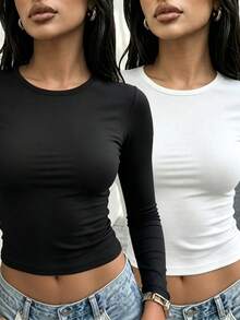 Women's Solid Color Round Neck Casual Daily Long Sleeve T-Shirt - Black and White - View 8
