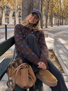 Women's Fashion Polka Dot Button Cardigan, Blue Button Street Style Sweater, Suitable For Autumn/Winter Thanksgiving, Halloween, Christmas Outfits - Coffee Brown - View 4