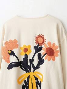 CAREE Women's Autumn/Winter Beige Base Colorful Floral Embroidered Round Neck Front Button Drop Shoulder Large Pocket Loose Jacket - White - View 6
