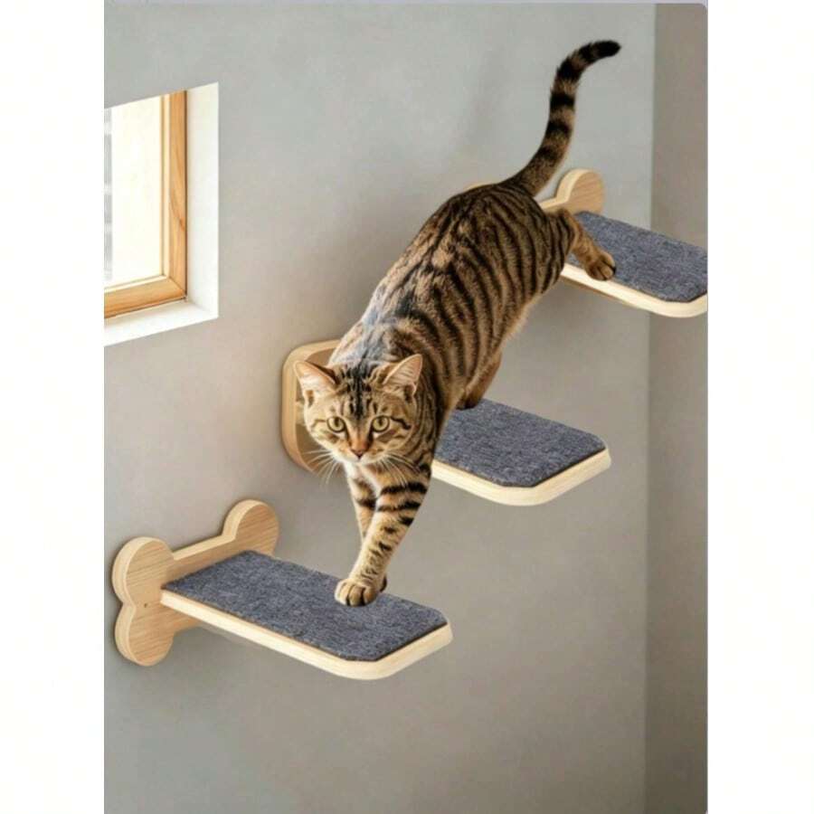 Wooden Cat Climbing Wall-Mounted Ladder Shelf, Solid Wood Cat Stairs, Home Cat Wall Toy Pet Ladder - Multicolor - View 1