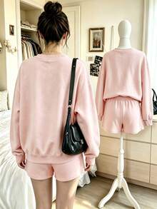 Autumn/Winter Pure Cotton Women's Sweatshirt Set, Personalized Slogan Print, Crew Neck Loose Long Top And Wide-Leg Pants 2-Piece Set - Baby Pink - View 4