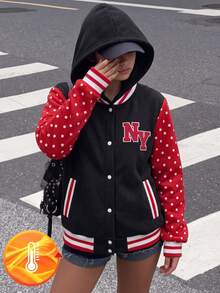 Jaket Baseball Berkerudung Gaya American Sweet Cool untuk Anak Perempuan, Musim Gugur/Dingin, dengan Lengan Patchwork Polka Dot Warna Blok dan Bordir Huruf - Hitam - View 1