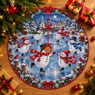 1pc Ice Skating Snowman Pattern Christmas Tree Skirt, Elegant Color Holiday Decor, 5 Sizes, Unisex Holiday Gift, Suitable For Home And Party Christmas Home Decoration