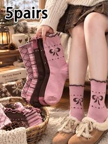 Sweet Ruffle Mid-Calf Socks For Women, Pink And Brown Bow Print, Plaid And Striped Design, Preppy Style, Vintage JK Style, Suitable For Autumn/Winter - Multicolor - View 7