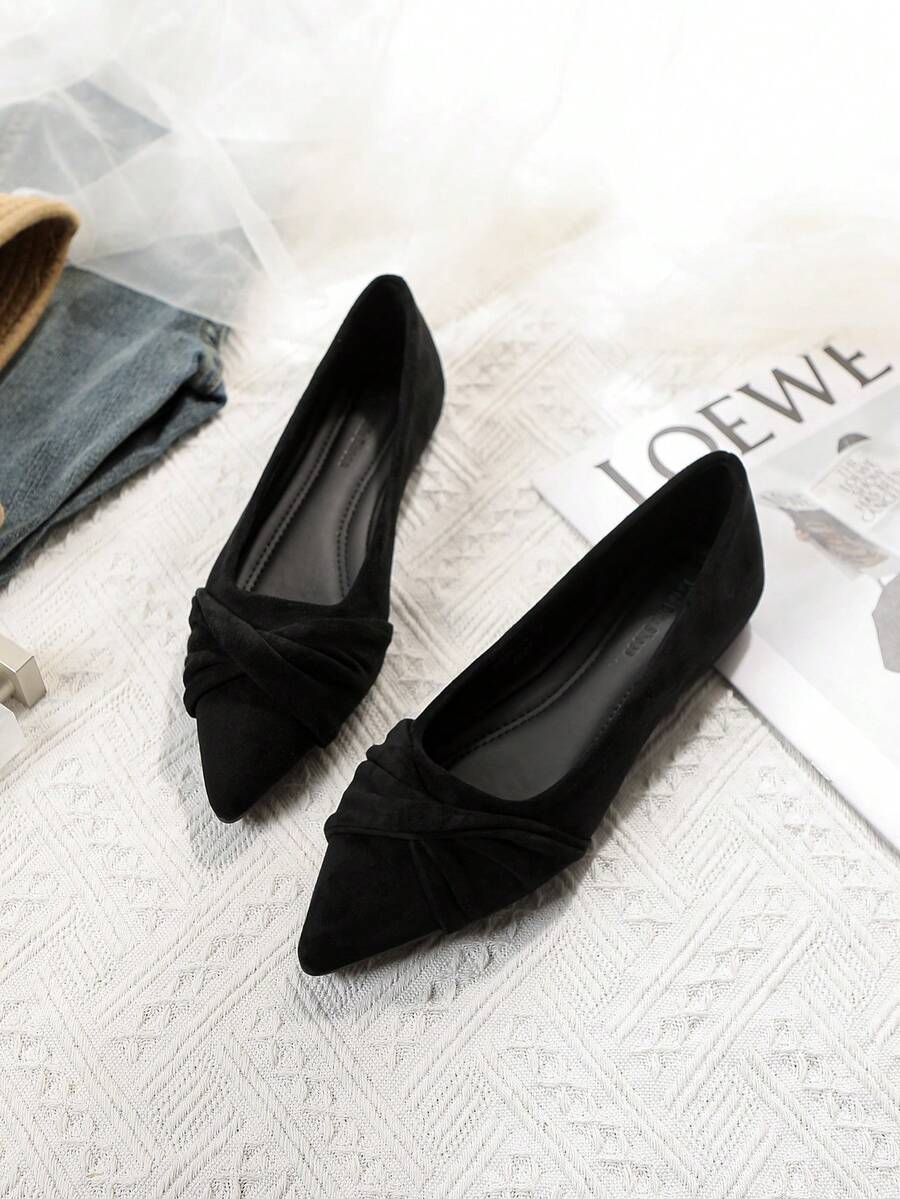 New Women's Twist Pointed Toe Shallow Slip-On Shoes With Hidden Height Increase, Soft Sole, Fairy Style, Versatile For Evening, Casual, Commuting, Outdoor And Work - Black - View 1