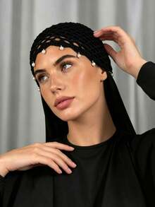 2pcs Muslim Hijab Set, 1pc Pearl Decorated Crochet Mesh Inner Cap + 1pc Chiffon Headscarf, Women's Islamic Headwear - Multicolor - View 4