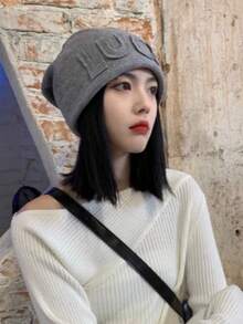 Autumn/Winter Korean Style Letter Print Slouchy Beanie Hat For Women, Ear-Covering Headwrap, Large Head Circumference, Vintage Knit Hat - Multicolor - View 2