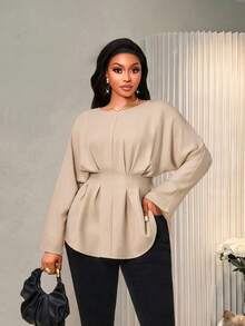Plus Size Women's Woven Fabric Flared Hem Long Sleeve Blouse, Back Tie Design, Round Neck Slim Fit Top, Suitable For Autumn Wear - Light Khaki - View 6