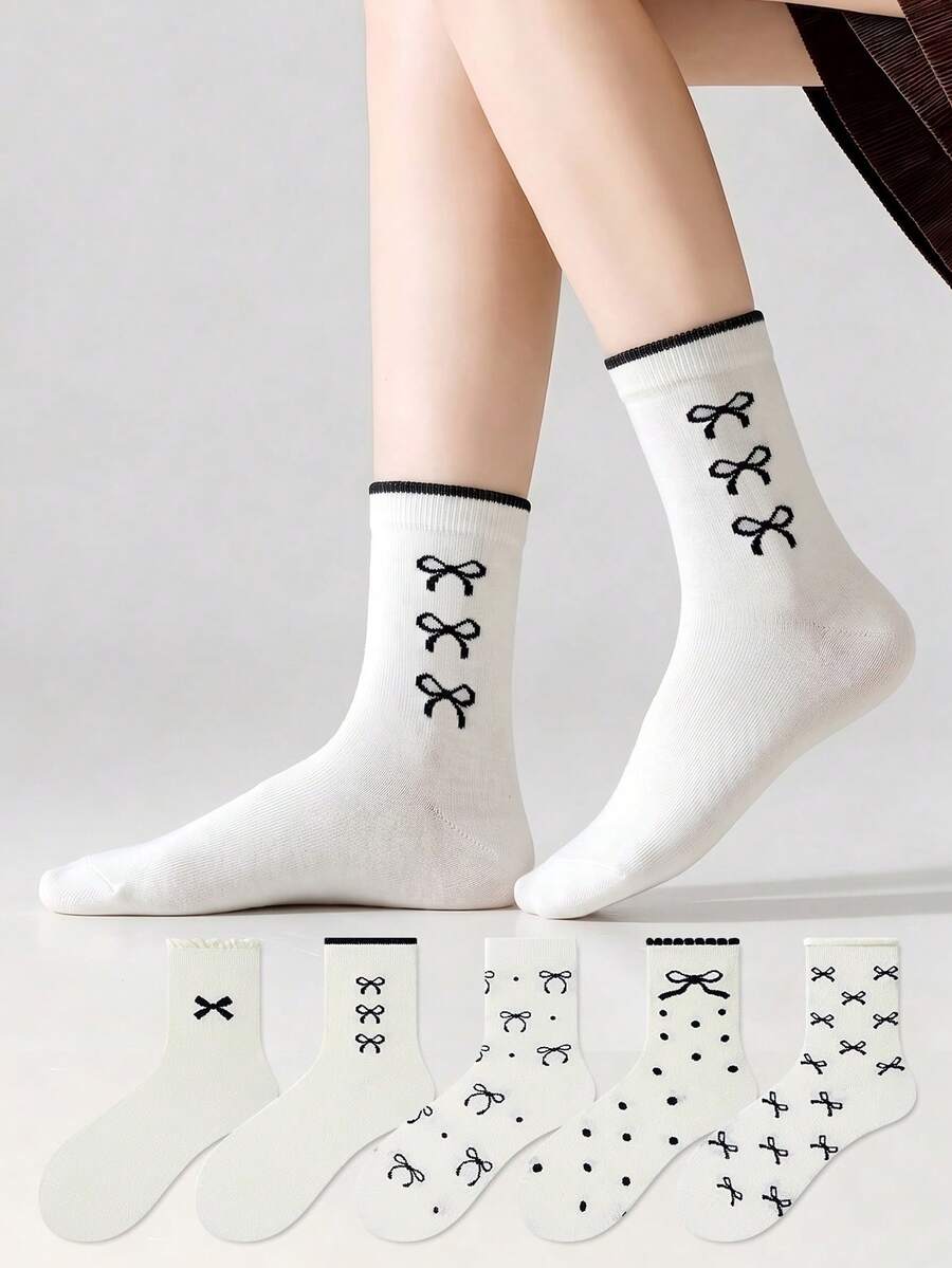 ZUJO 5 Pairs Women's Black & White Colorblock Mid-Calf Socks, Bowknot & Polka Dot Pattern, All-Season Wear, Suitable For 5-15℃, Random Color - Black and White - View 1