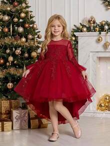 Young Girls Long Sleeve Sequin Applique Mesh Elegant White Tail Princess Dress, Suitable For Flower Girl, Wedding, Graduation Ball, Piano Recital And Other Formal Occasions, Headband Not Included - Burgundy - View 2