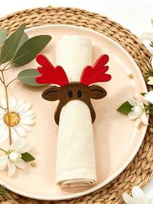 1/4pcs Christmas Reindeer Shaped Wooden Napkin Rings, Brown Tableware Buckles, Christmas Reindeer Design, Suitable For Christmas, Halloween, New Year, Wedding And Various Holiday Party Table Decoration - Rust Brown - View 6