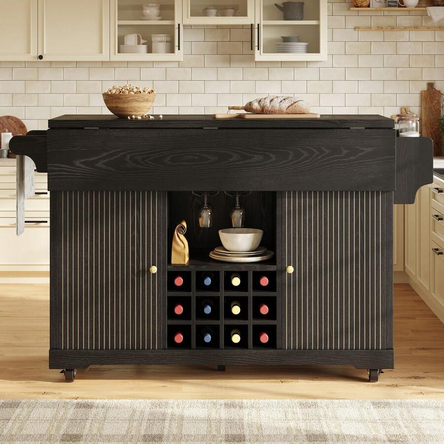 Flieks Multifunctional Serving Trolley, Kitchen Trolley With Storage Space, Adjustable Shelves And Wine Rack, Mobile Side Table For Dining Room, Living Room And Balcony - Black - View 1