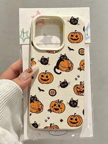 Phone Case: Pumpkin Cat Bat Pattern Drop-Proof Lychee Texture Phone Case, Compatible With Iphone 18 17 16 15 14 13 12 11 Plus Pro Max Series, Stylish And Full-Coverage Design, Ensuring A Perfect Fit And Lightweight Protection - Beige - View 2