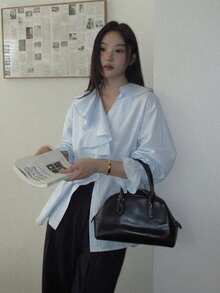 Elegant V-Neck Patchwork Ruffle Loose Fit Solid Color Bell Sleeve Blouse For Women - Baby Blue - View 9