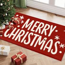 1pc Christmas Series Red Background Merry Christmas Text Pattern Printed Faux Wool TPR Bottom Doormat, Bathroom Mat, Kitchen Mat, Laundry Room Mat, Holiday Atmosphere Decor, Home Decor, Party Decor, Wedding Decor, Dining Kitchen Decor - Multicolor - View 5
