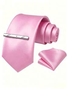 1 Set Dasi Satin Pria 8cm, Sapu Tangan Saku dan Klip Dasi, Cocok untuk Pertemuan Bisnis, Pesta Pernikahan, Set Dasi Pengantin Pria - Baby Pink - View 2