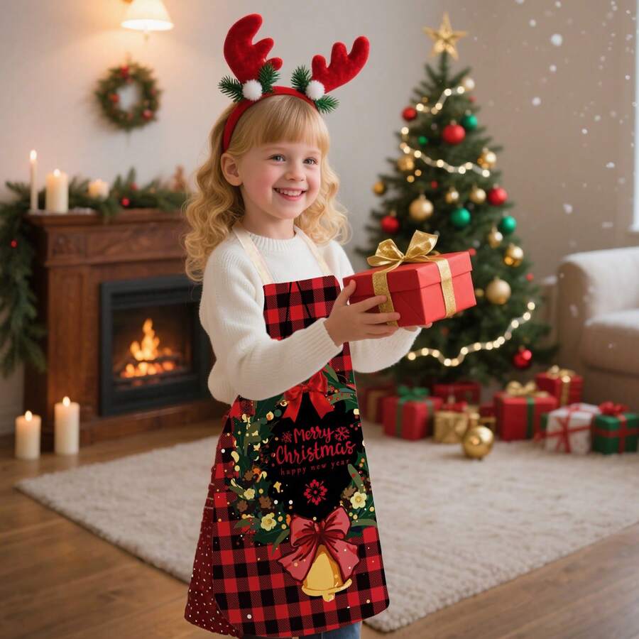 1pc Kids Apron With Cute Christmas Pattern Design For Girls Boys, Children Art Painting Aprons Kitchen Classroom Cooking Baking , DIY Party - Multicolor - View 1