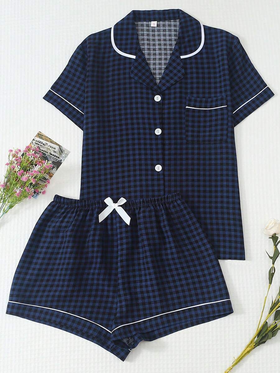 2pcs Women's Comfortable Plaid Print Short Sleeve Collared Top And Bow Shorts Pajama Set - Blue - View 1