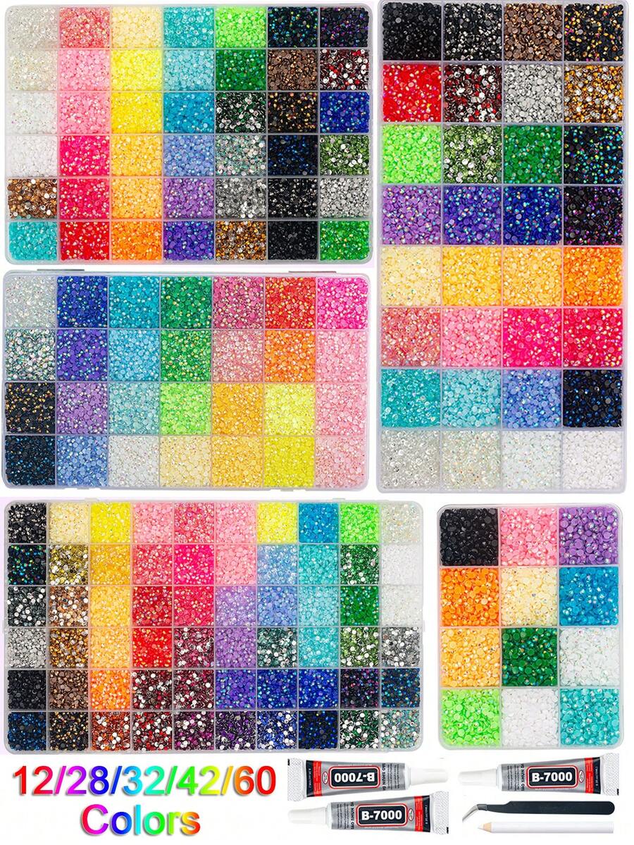GO2CJBEADS 1 Set Resin Jelly Rhinestone Bedazzling Kit, 42 Grid Colorful Flat Gems Rhinestone With Storage Box, Tweezers And B-7000 For Handmade Crafts - Rhinestone Set - View 1